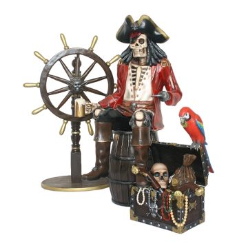 Piratenskelett auf Weinfass mit Steuer und Schatztruhe lebensgroß