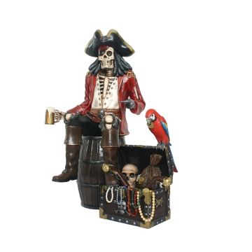Piratenskelett auf Weinfass mit Schatztruhe lebensgroß