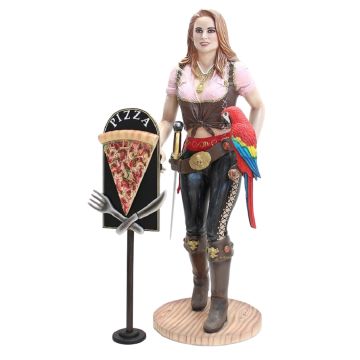 Blonde Piratenfrau mit Pizzaschild lebensgroß