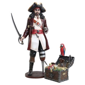 Captain Hook und Schatztruhe mit Papagei lebensgroß