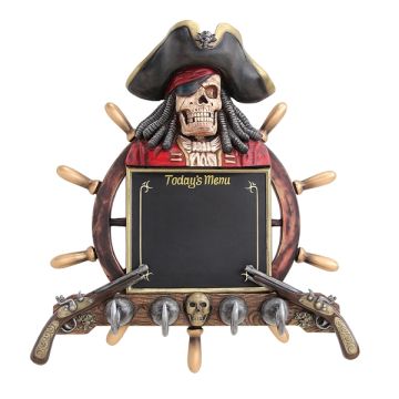 Piratenskelett Angebotstafel und Garderobe mit Steuer und Pistol lebensgroß