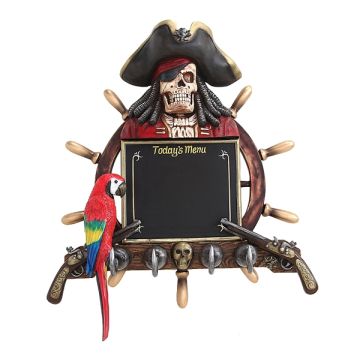 Piratenskelett Angebotstafel und Garderobe mit Steuer, Pistolen  lebensgroß