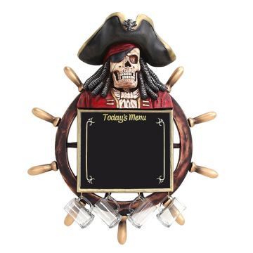 Piratenskelett Angebotstafel und Trinkglashaken mit Steuer lebensgroß