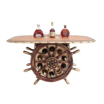 Schiffssteuer Tisch mit Holzplatte Oval und Weinhalterung lebensgroß