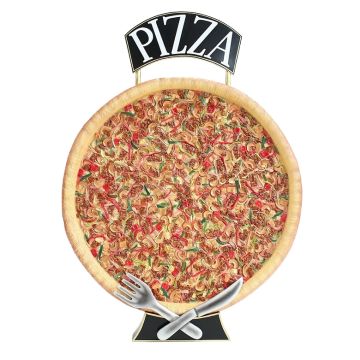 Ganze Pizza Zweiseitig mit Messer und Gabel mit Pizzaschild vergrößert