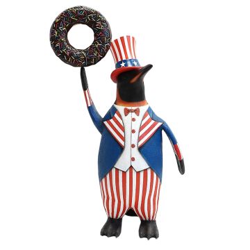 Pinguin amerika mit braunem Donut lebensgroß