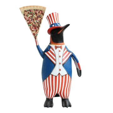 Pinguin amerika mit Pizzastück lebensgroß