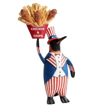 Pinguin amerika mit Hühnchen und Pommes lebensgroß