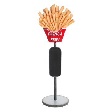 Pommes auf Ständer mit Angebotsschild vergrößert