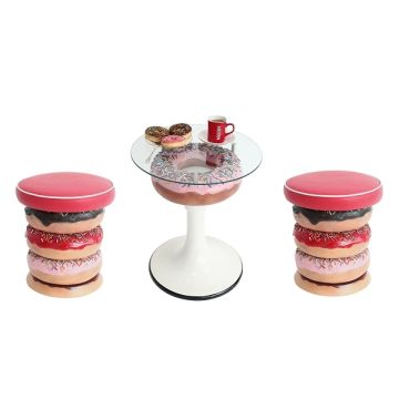 Donuttisch rosa auf Ständer mit Glasplatte und Donuthocker klein vergrößert