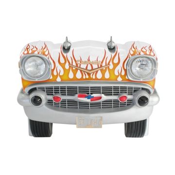 Sitzbank Chevy Weiß mit orangenen Flammen und schwarzem Polster lebensgroß
