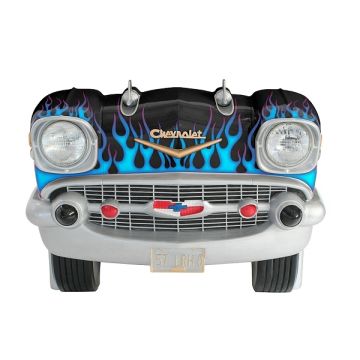 Sitzbank Chevy Schwarz mit blauen Flammen und schwarzem Polster lebensgroß