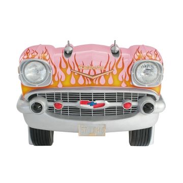 Sitzbank Chevy Rosa mit orangenen Flammen und schwarzem Polster lebensgroß