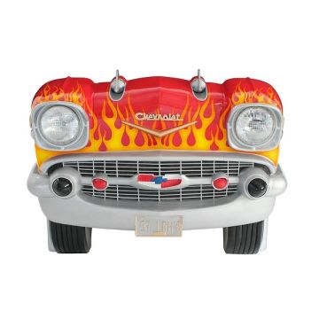 Sitzbank Chevy Rot mit gelben Flammen und schwarzem Polster lebensgroß