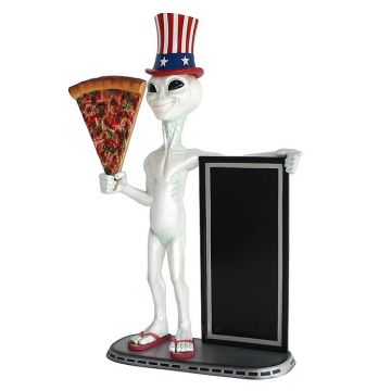 Alien amerika mit Pizzastück und Angebotstafel lebensgroß
