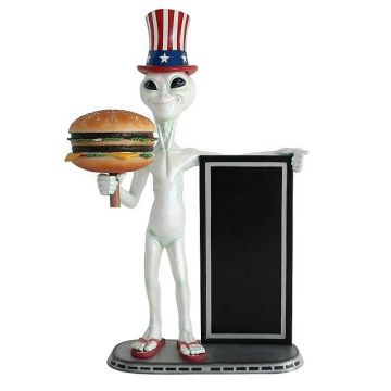 Alien amerika mit Burger und Angebotstafel lebensgroß