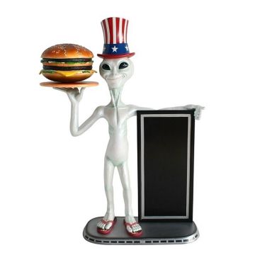 Alien amerika mit Burger auf Tablett und Angebotstafel 1 lebensgroß