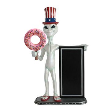 Alien amerika mit Donut rosa und Angebotstafel lebensgroß