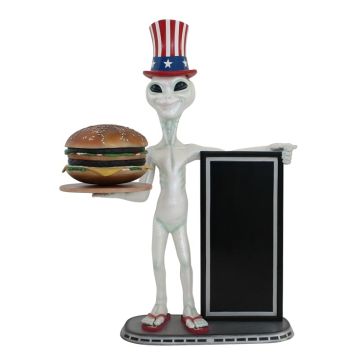 Alien amerika mit Burger auf Tablett und Angebotstafel 2 lebensgroß