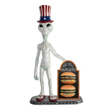 Alien amerika mit 2 Burgern auf Angebotstafel lebensgroß