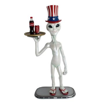 Alien mit amerikanischem Hut Butler mit Tablett oben lebensgroß