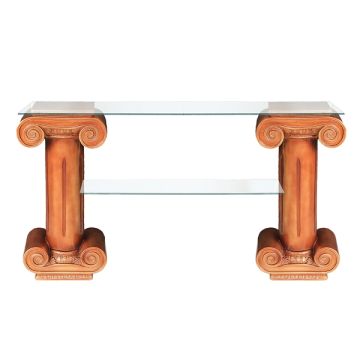 Goldenes Säulenregal mit 2 Glasplatten lebensgroß