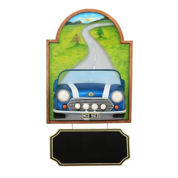Bild mit Mini Cooper Blau und Angebotsschild verkleinert