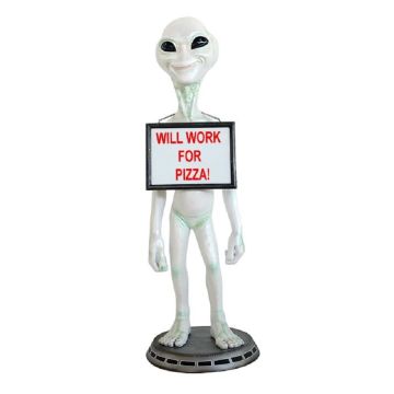 Alien mit Angebotsschild lebensgroß