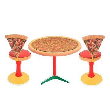 Pizzatisch auf großem Ständer mit Glasplatte und Pizzastühle vergrößert
