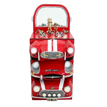 Regal mit roten AutoSchubladen und Spiegel verkleinert