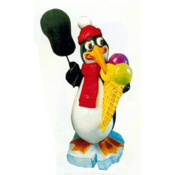 großer Pinguin mit Eistüte und Angebotstafel vergrößert