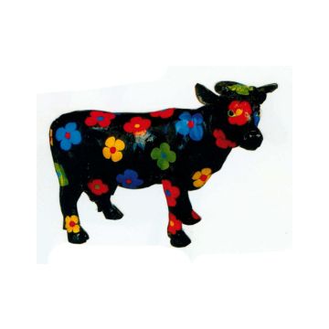 kleine schwarze Kuh mit bunten Blüten verkleinert