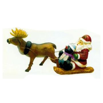 Weihnachtsmann mit Pinguin klein gezogen von Rentier verkleinert