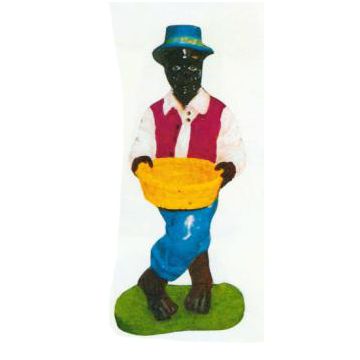 Neger mit überkreuzten Beinen hält Korb verkleinert