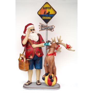 Weihnachtsmann in Sommeroutfit reist mit Rentier verkleinert