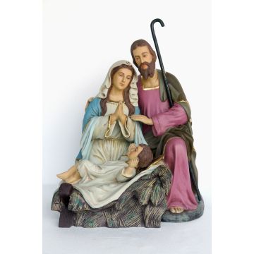 Heilige Familie hockend mit Josef, Maria und Jesuskind in Krippe verkleinert