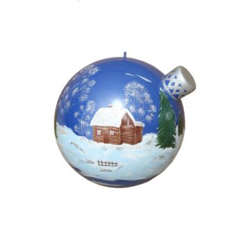 Blau glänzende Weihnachtskugel mit Wintermotiv vergrößert