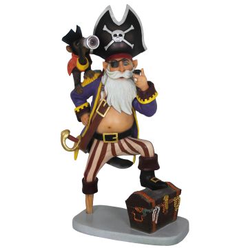 Piratencapitän auf Holzbein mit Affe lebensgroß