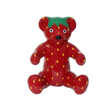 Sitzender Teddy im Erdbeerdesign lebensgroß